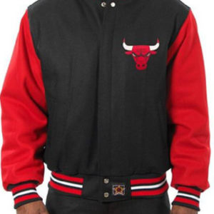 NBA Chicago Bulls Jh Design Black_Red Leather Wool Jacket