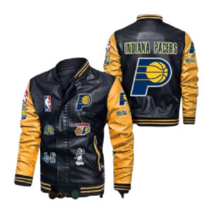 NBA Indiana Pacers Black Gold Logo Leather Bomber Jacket